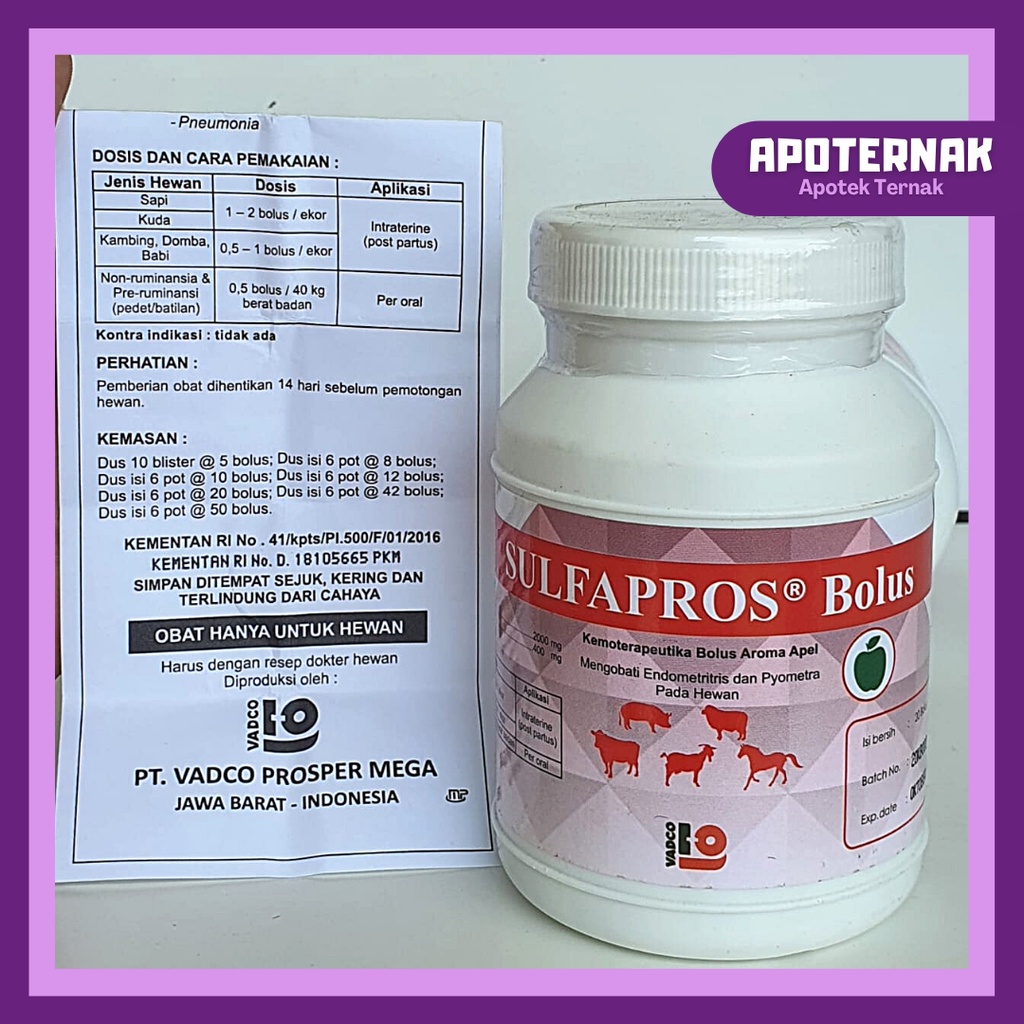 SULFAPROS Bolus @1 Bolus | Antibiotik Sapi Kambing Domba Babi Kuda Aroma Apel | VADCO | Apoternak