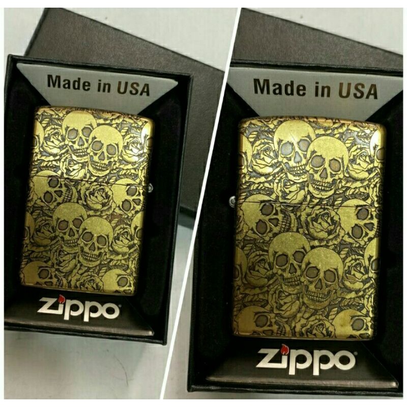 Korek Api Zippo Motif tengkorak Gold made in USA Grade ori