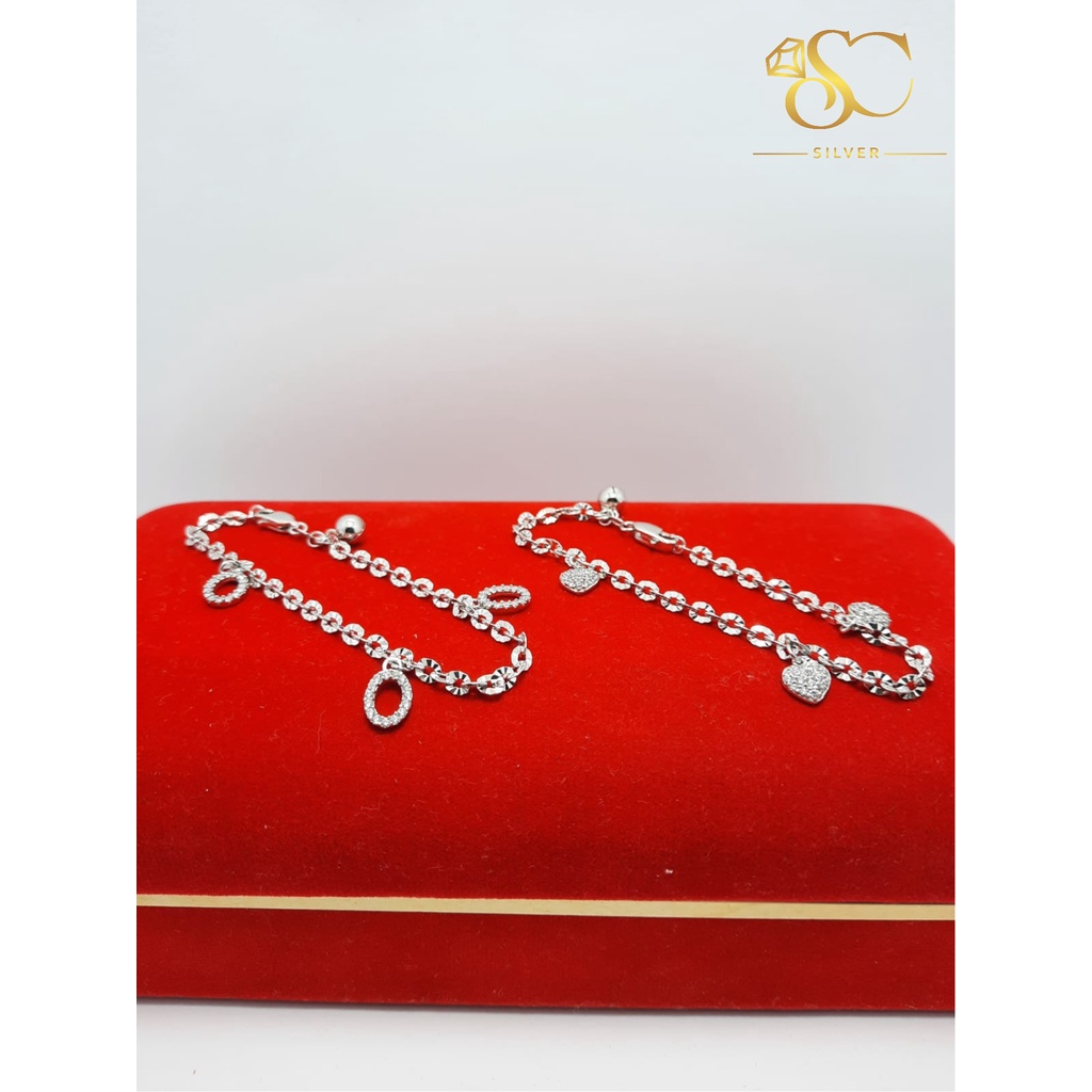 Gelang Tangan Wanita Rantai Nori Ukir Liontin Hati & Liontin O Asli Perak Silver 925 Lapis Emas Puti