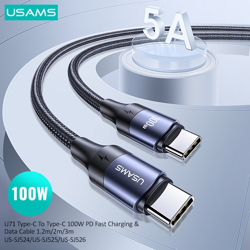 USAMS Kabel Data Charger USB TYPE C to C 100W 5A PD 2M 3M Fast Charging QC - SJ525 SJ526