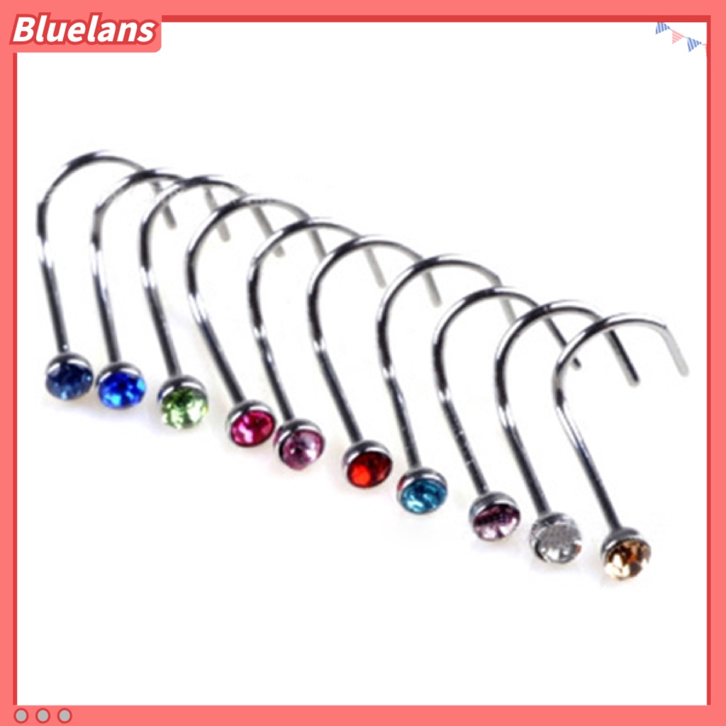 Bluelans 10Pcs Mixd Color Rhinestone Hook Bone Bar Pin Piercing Jewelry Nose Studs Rings