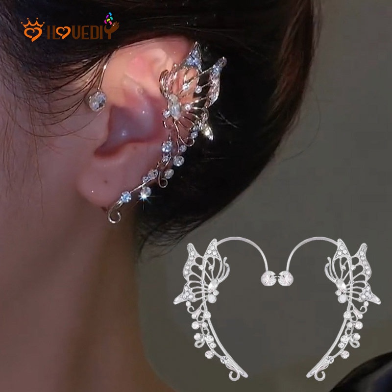 Anting Klip Desain Sayap Kupu-Kupu Hollow Hias Kristal Berlian Imitasi Gaya Korea Untuk Wanita