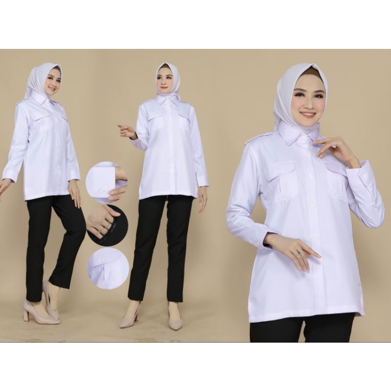 SERAGAM DINAS ASN / BAJU DINAS ASN /ATASAN PUTIH KANTONG DUATANPA FURING  KRAH KEMEJA TANPA FURING SETELAN ROK A HITAM / ROK SPAN HITAM / CELANA HITAM FREE HIJAB