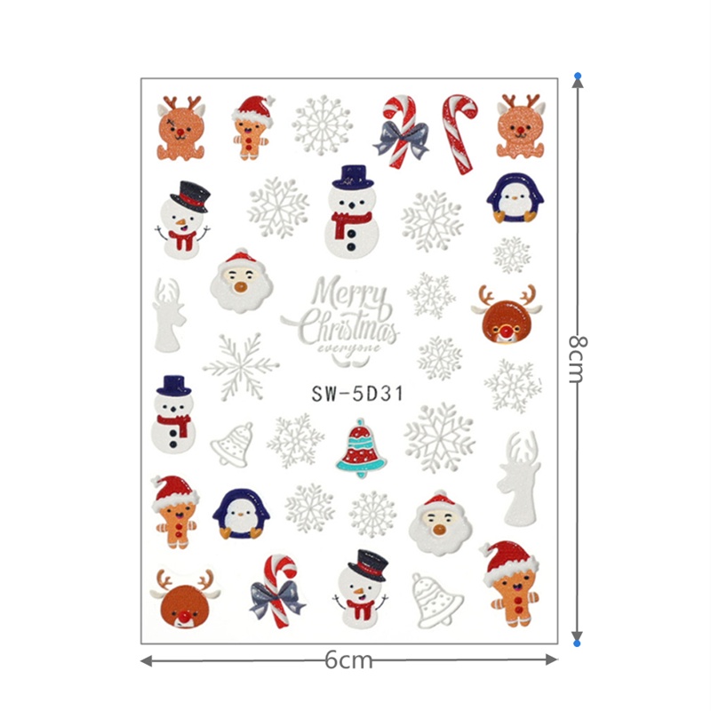 1 Lembar Stiker Kuku 5D Motif Snowflake Santa Claus Warna-Warni Tahan Air Untuk Dekorasi Nail Art
