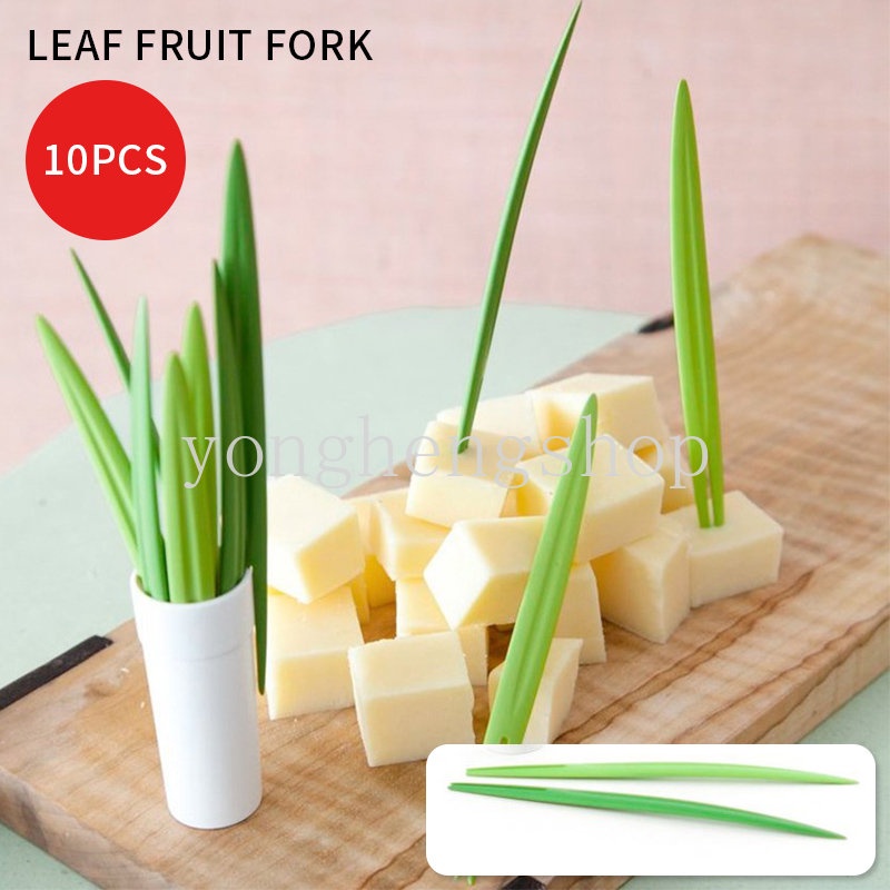 10pcs / set Garpu Buah / Snack / Dessert / Kue Bentuk Daun Bambu Warna Hijau Untuk Dekorasi Pesta