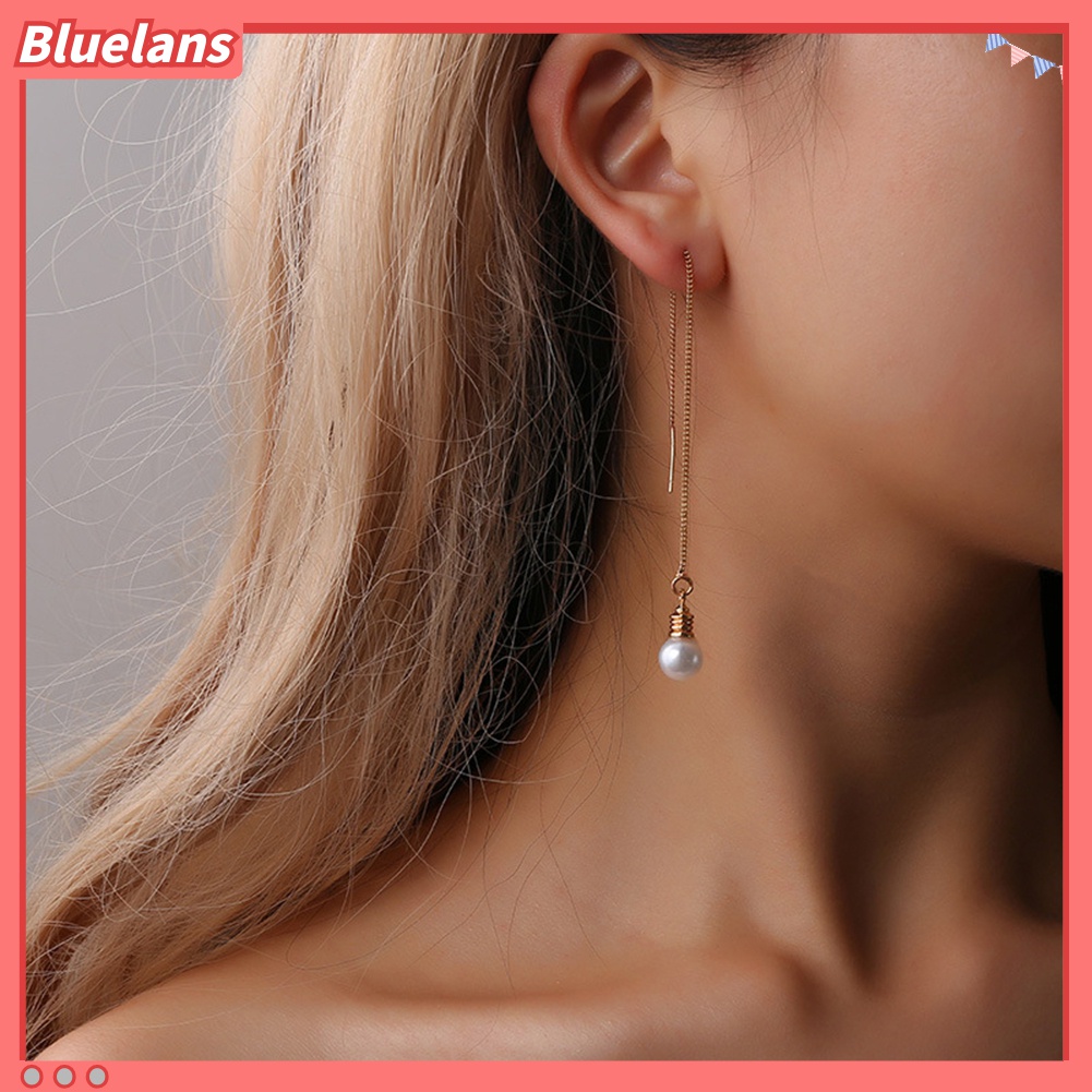 Anting Stud Rantai Panjang Rumbai Mutiara Tiruan Model Irregular Untuk Perhiasan