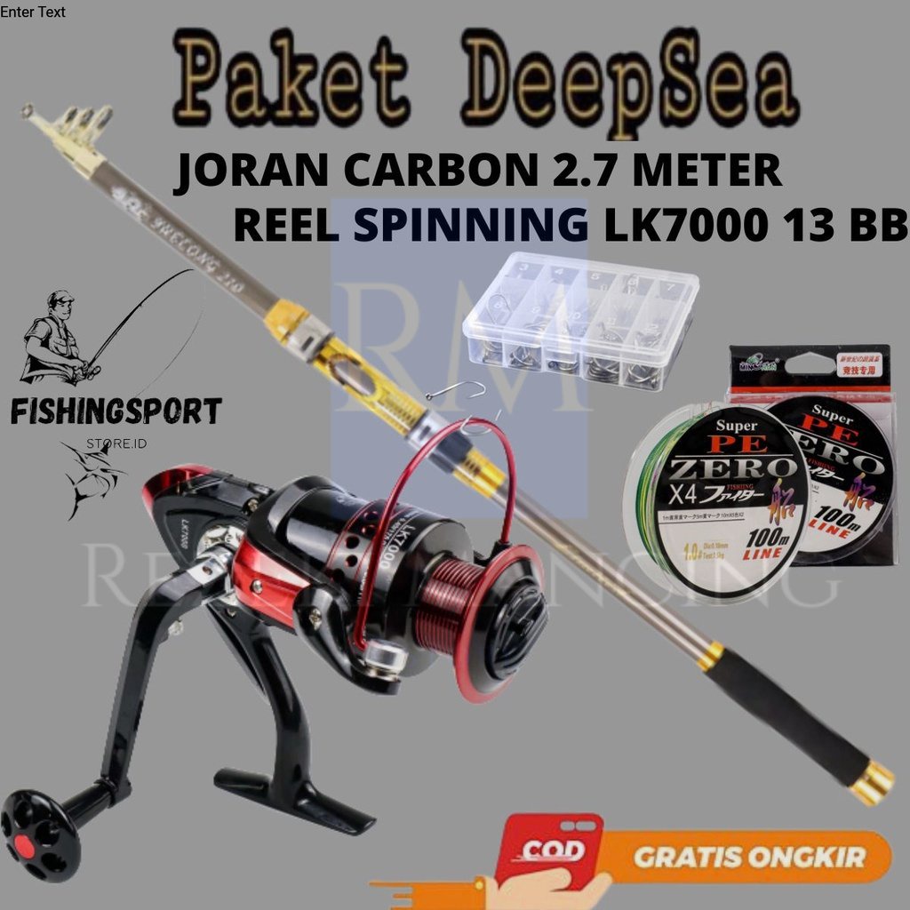 Paket Deep Sea Set Pancing Laut Kekuatan Max Joran Carbon 2.7 Meter Reel Spinning LK7000 13 Ball Bea