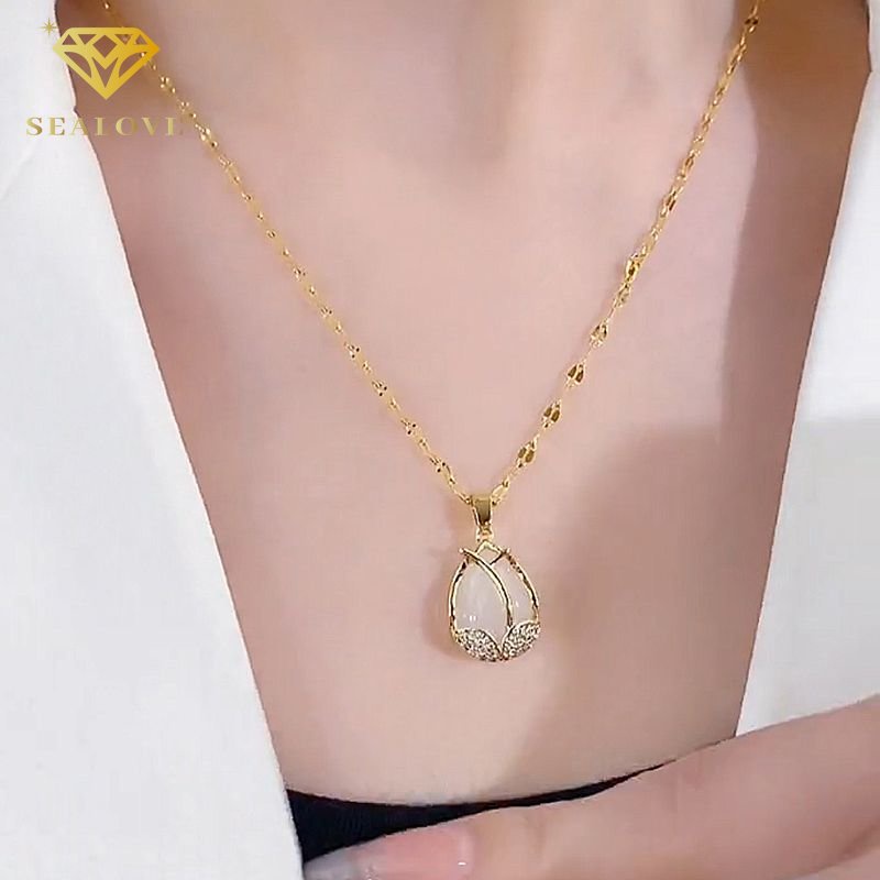 Kalung Titanium Anti Karat tulip Opal Lucu Beruntung Emas 18k Perhiasan Wanita