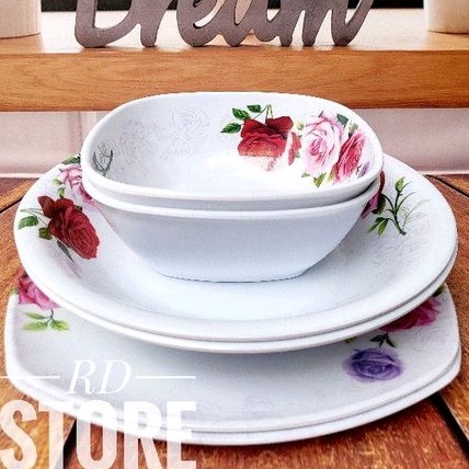 PROMO 6.PCS ISI 2.PCS PIRING KOTAK SAJI 2.PCS PIRING MAKAN CEKUNG 2.PCS MANGKOK SAYUR BAHAN MELAMINE WARE MOTIF