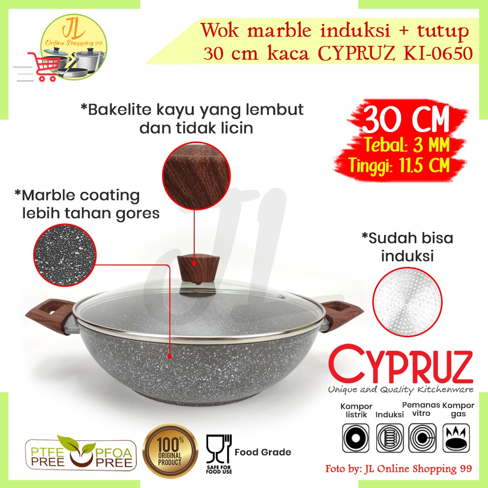 Wok marble induksi tutup kaca 30cm KI-0650 / wajan penggorengan induksi CYPRUZ