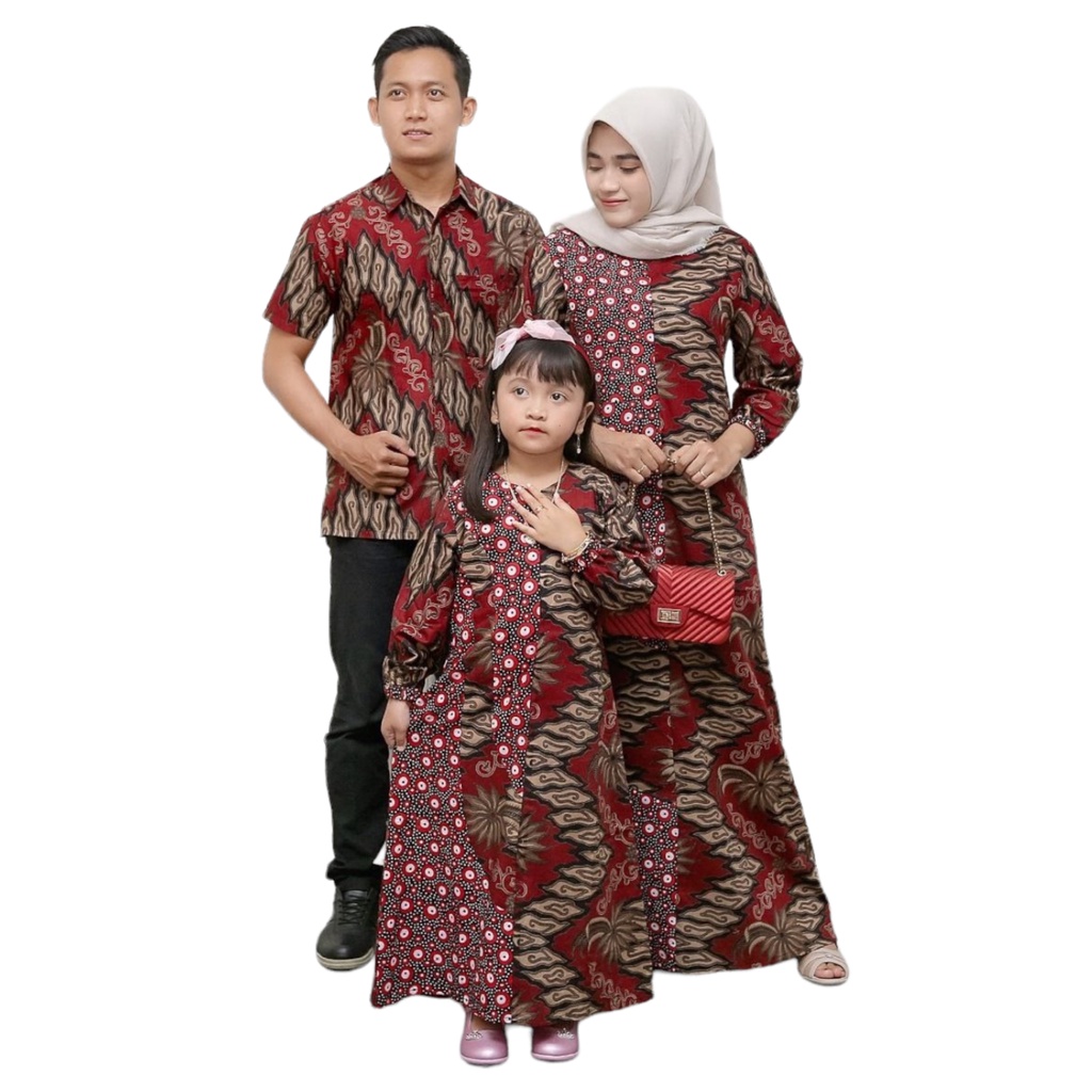 Baju Couple Seragam Keluarga Motif Batik Mega Mendung Merah Kombinasi Bunga Truntum Bintang Kemeja Batik Pria Lengan Pendek Gamis Batik Wanita Dewasa Gamis Batik Anak