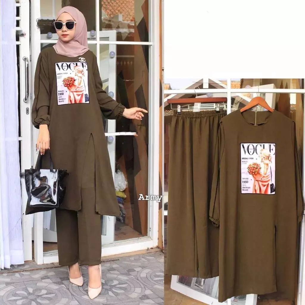 Virgia Set Stelan tunik wanita muslimah bahan Crinkle Fashion wanita muslimah terbaru