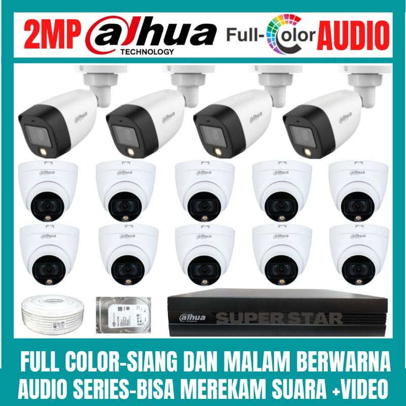 PAKET CCTV DAHUA FULL COLOR 2MP 16 CHANNEL 14 KAMERA AUDIO COLOR VU