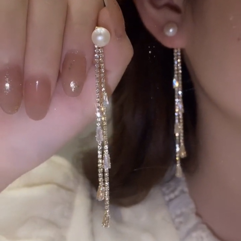 Anting Gantung Panjang Model Rumbai Dengan Mutiara Gaya Korea Untuk Wanita