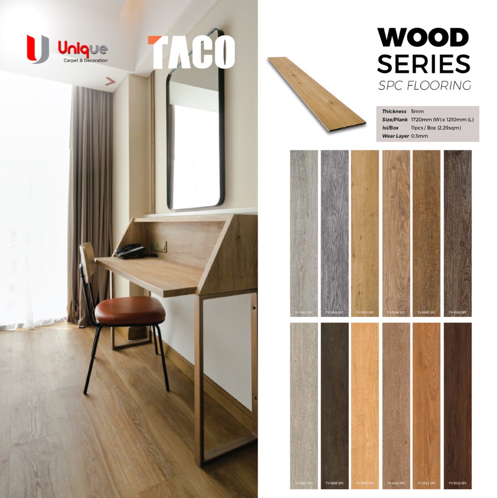 TACO SPC Flooring 5mm Wood Series / Lantai SPC Taco Sistem Click Motif Kayu / SPC Model Klik Tanpa L