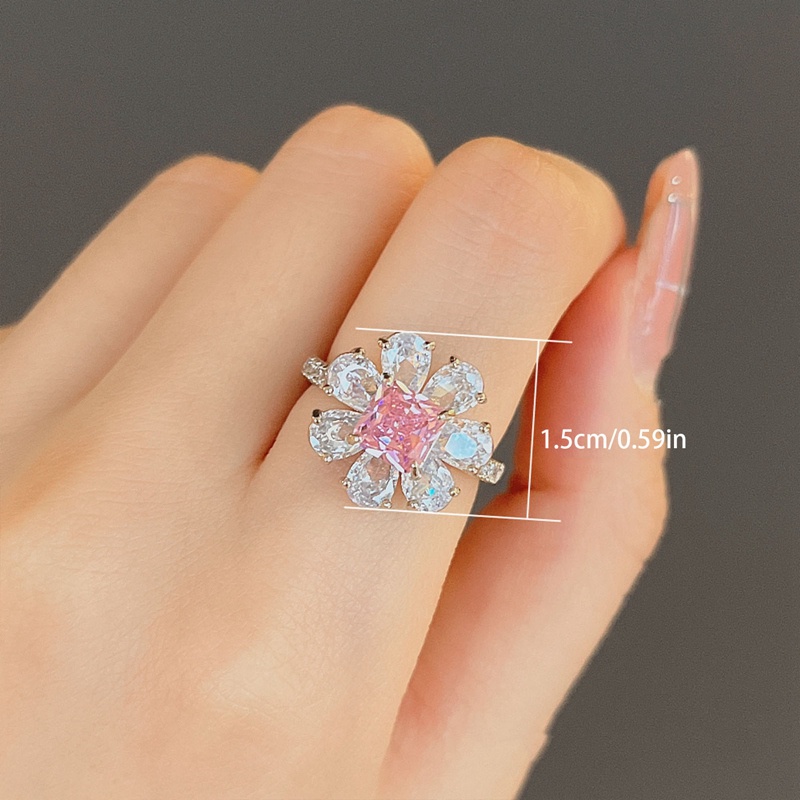 Fancyqube Cincin Silver Hias Berlian Zirkon Bentuk Kotak Warna Pink Untuk Wanita