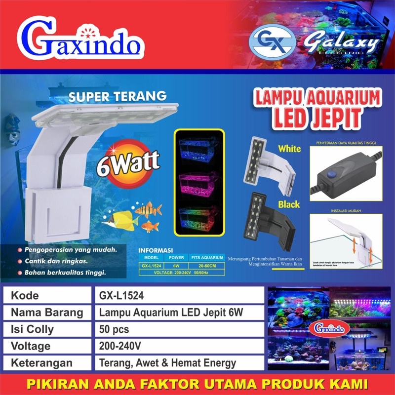 Gaxindo lampu aquarium / lampu akuarium jepit Gaxindo 6watt premium super terang