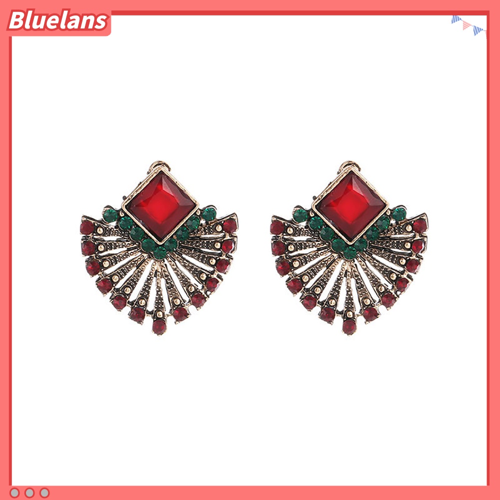 Anting Stud Bentuk Kipas Aksen Berlian Imitasi Gaya Vintage Etnik Bohemian Untuk Wanita