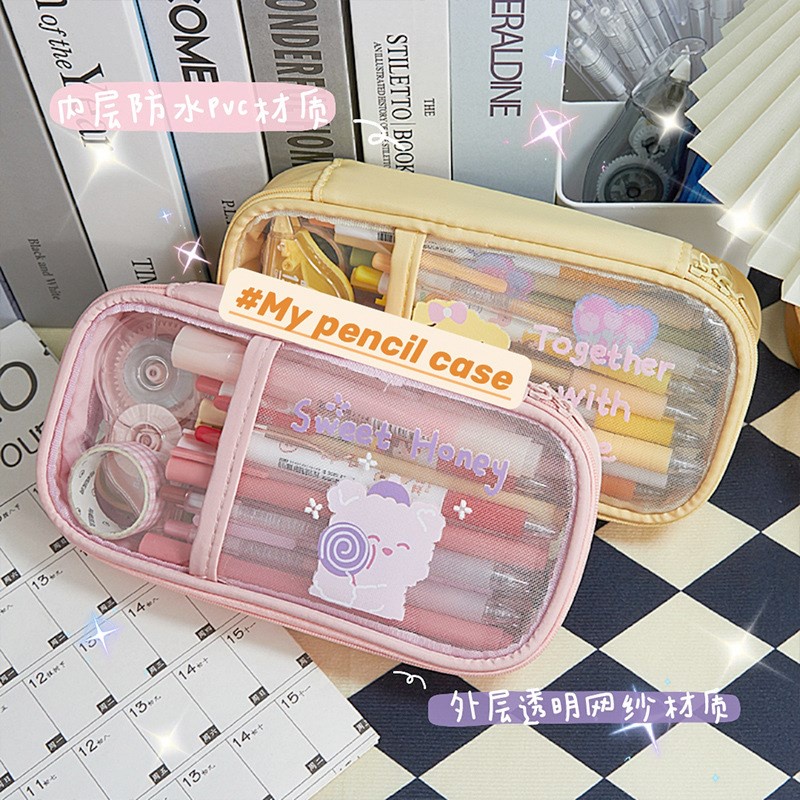 

Kawaii PVC cute bear rabbit stationery pencil case portable stationery box Korean stationery large c