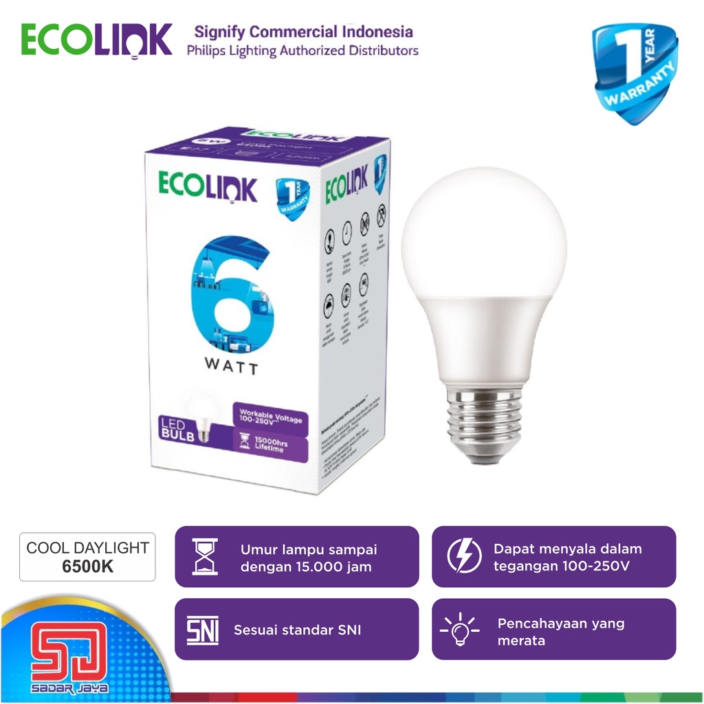 ECOLINK Lampu 6W LED 6Watt Bulb Bohlam 6 Watt - 6500K Cool White Putih