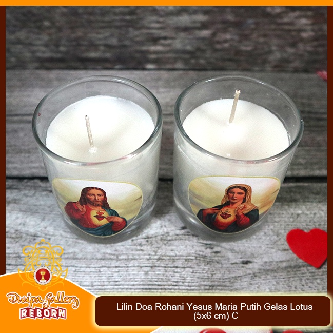 Lilin Ibadah Doa Rohani Gelas Yesus &amp; Maria Putih Stearin Wax