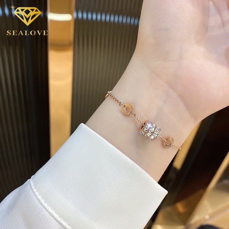 Gelang Titanium Wanita Anti Karat Roman Digital Diamond Liontin Gelang Aksesoris Fashion Korea