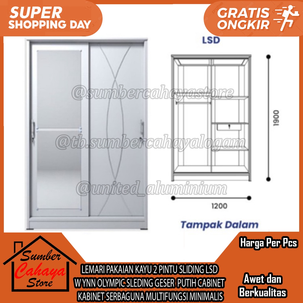 LEMARI PAKAIAN KAYU 2 PINTU SLIDING LSD WYNN OLYMPIC SLEDING GESER  PUTIH CABINET KABINET RAK BAJU  