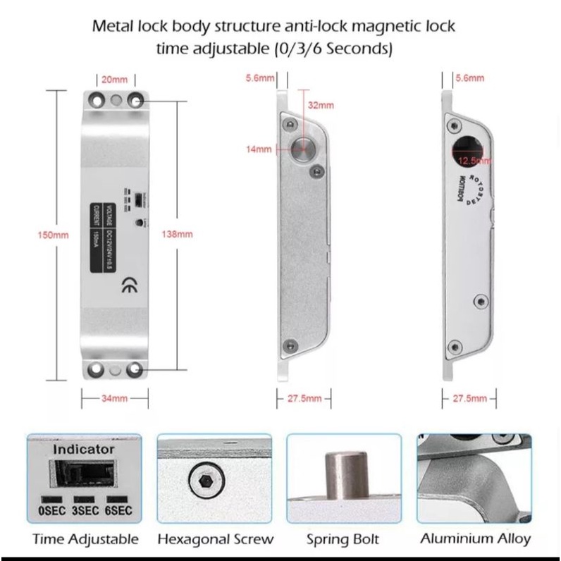 Dropbolt Pintu Kayu Adjustable Time Delay Fail Safe Mode DC12V | Drop Bolt Pintu Kayu Fail Save | Alumunium Bracket Dropbolt Pintu Kayu Access Door