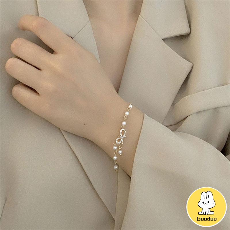 (COD)Gelang Korea Fashion Busur Mutiara Hias Berlian Imitasi Bangle Liar Aksesoris Fashion -Doo