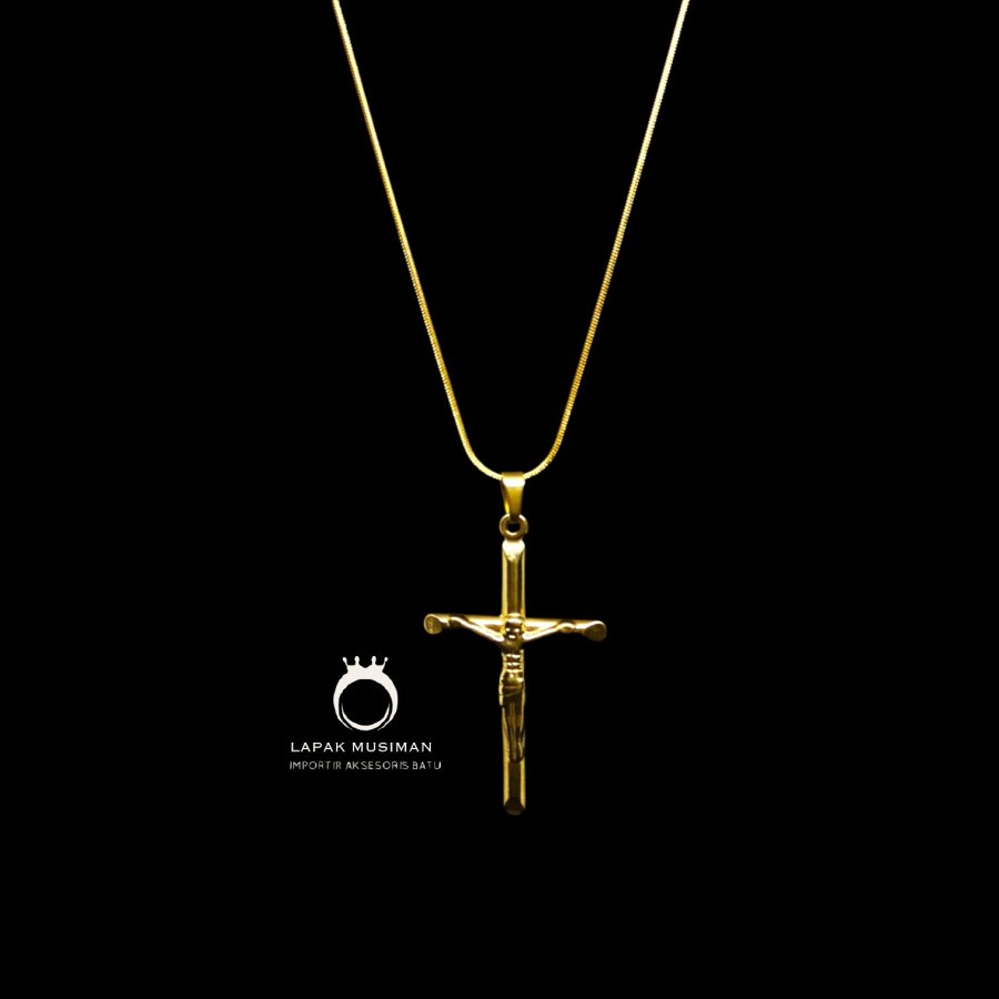 [Bayar Di Tempat] Kalung Pria Wanita Titanium Gold Kuning Model Salib Anti Karat Asli