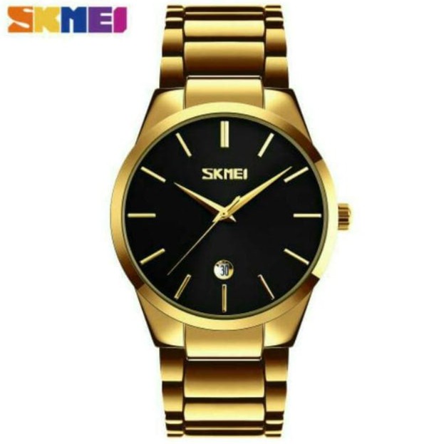 Jam Tangan Pria Analog SKMEI 9140 Rantai Water Resistant Formal Elegan - GOLD HITAM(Y8C3) Jam Tangan