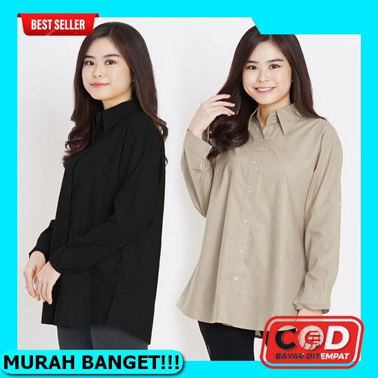 (Cod) Kemeja Wanita Casual Jumbo Lengan Panjang Serut Depan Crinkle Polos Oversize Baju Kerja Kantor