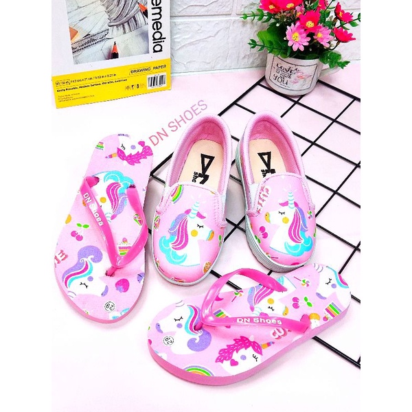 Sepatu Anak Perempuan Paket Sepatu dan Sandal Anak Perempuan Sepatu Sandal Jepit Anak Karakter unicorn pink cute