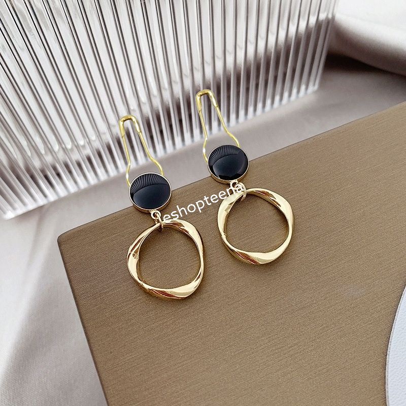 A121 anting hijab juntai bulat lingkaran hitam gold_anting jilbab