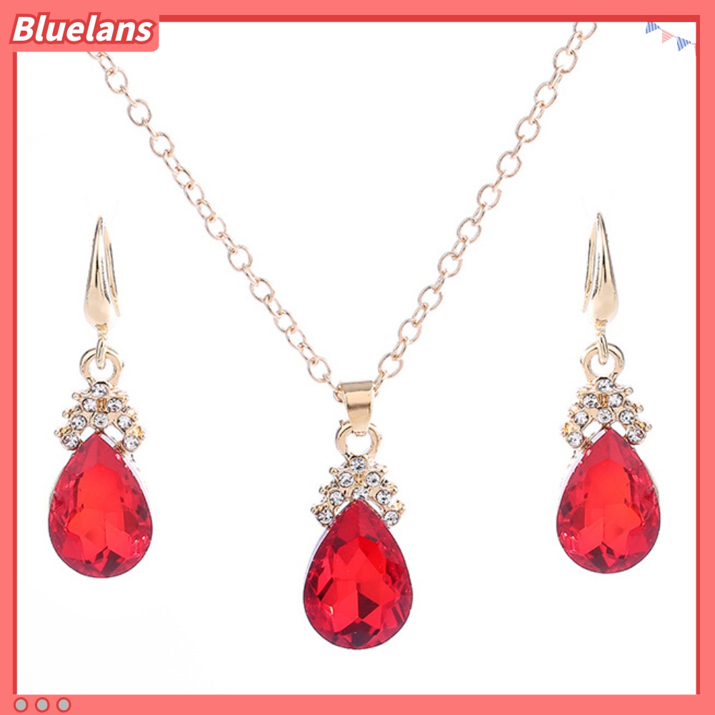 Set Perhiasan Kalung Anting Kait Liontin Teardrop Aksen Berlian Imitasi Gaya Vintage Untuk Wanita