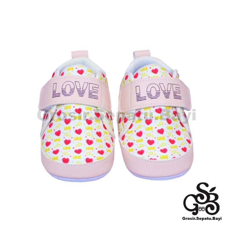 Sepatu Bayi - Baby Shoes - Prewalker  | 2-12 bulan | motif LOVE Pink ringan &amp; fleksibel