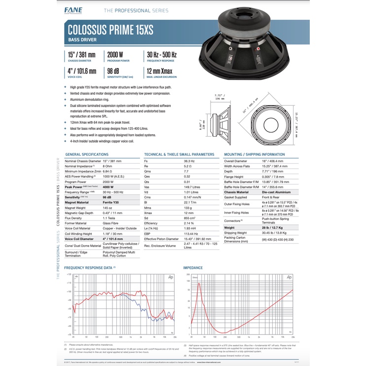 (PETI KAYU) speaker komponen 15 inch FANE COLOSSUS PRIME 15XS / 15 XS original