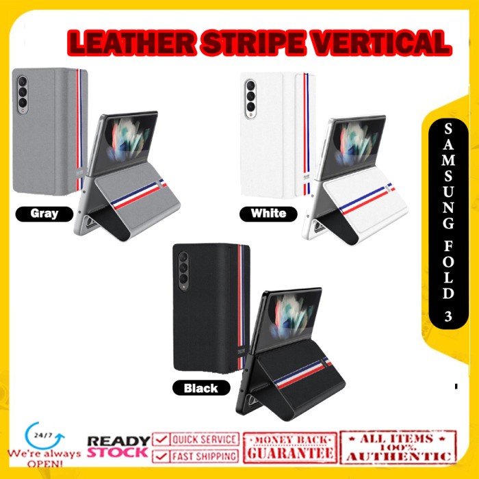Original Case Samsung Z Fold 3 Fold3 Leather Stripes Kickstand - White