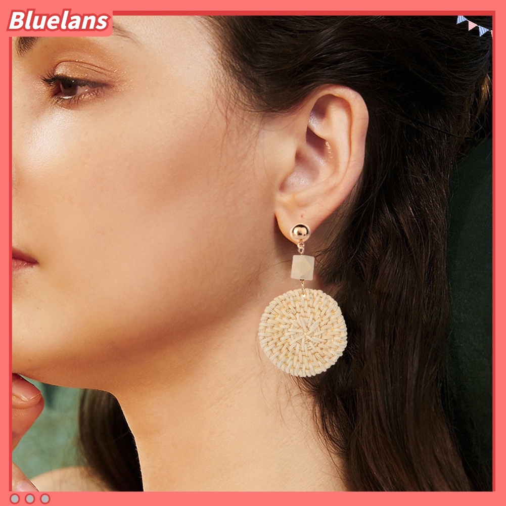 Anting Stud Bentuk Bulat Bahan Rotan Gaya Bohemian Untuk Wanita
