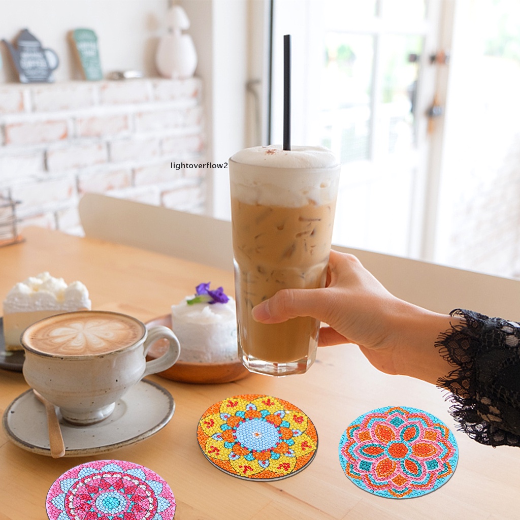 (lightoverflow2) 8 Pcs Coaster / Tatakan Gelas Motif Mandala Aksen Berlian Untuk Dekorasi DIY