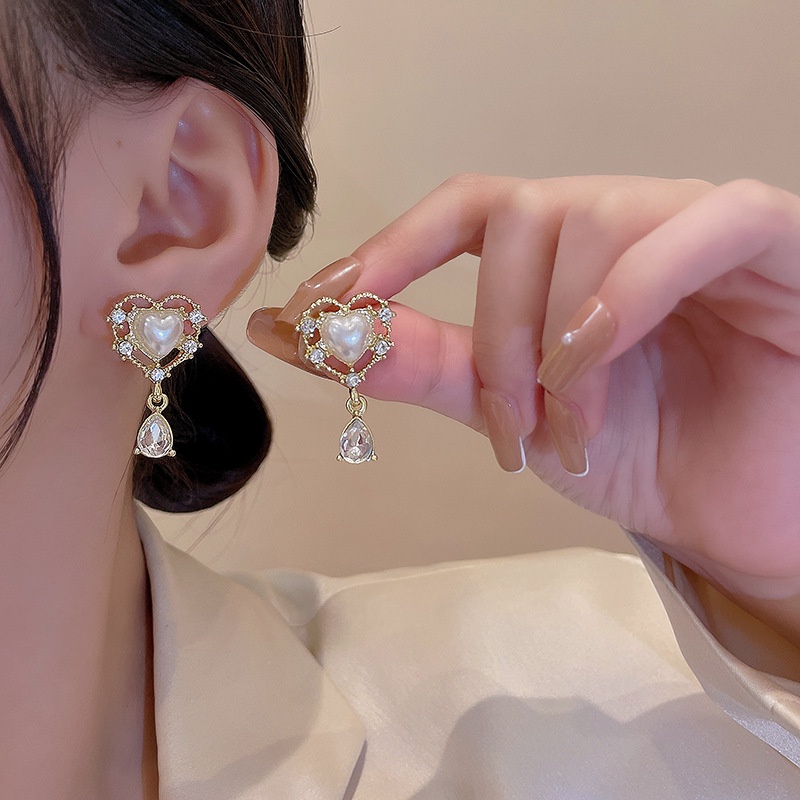 Anting Tusuk Sterling silver 925 Model Hati Dengan Mutiarabatu Zircon Mewah Retro Untuk Wanita