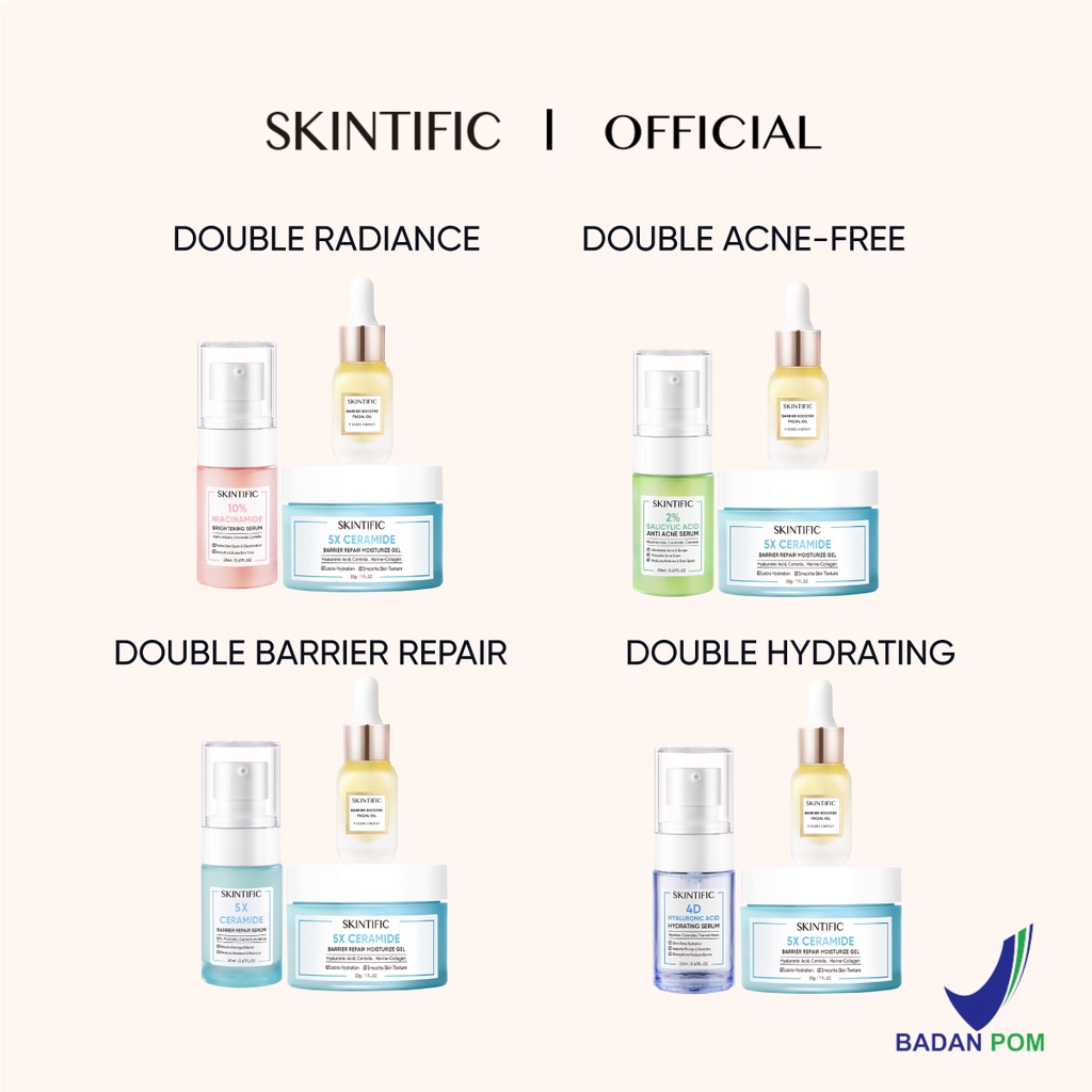 SKINTIFIC 3 pcs Sets | Double Radiance Set Moisturizer + Facial Oil + Niacinamide Serum/ Double Acne-free Set Moisturizer + Facial Oil + Acne Serum  / Double Barrier Repair Set Moisturizer + Facial Oil + Ceramide Serum/ Double Hydrating Set