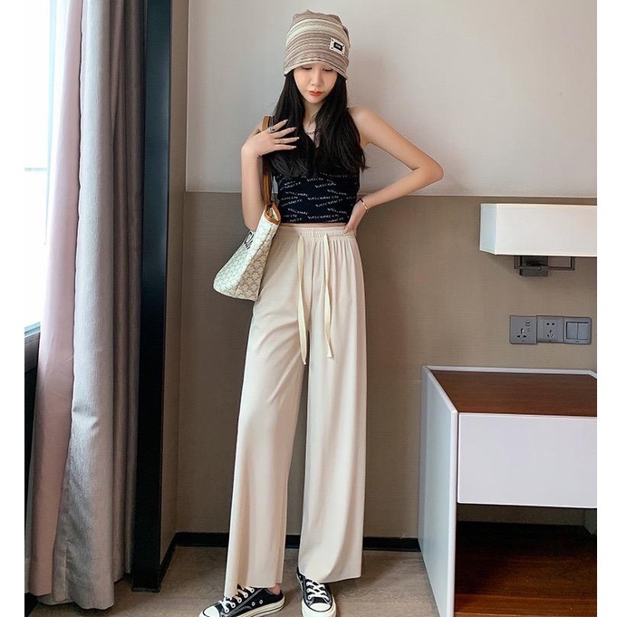 [littlecrab] Celana Panjang Kulot Loose Pants Celana Karet Cullote Tali Depan Celana Formal Kasual Simple Polos Corak Garis Elegan Berkualitas Premiumx