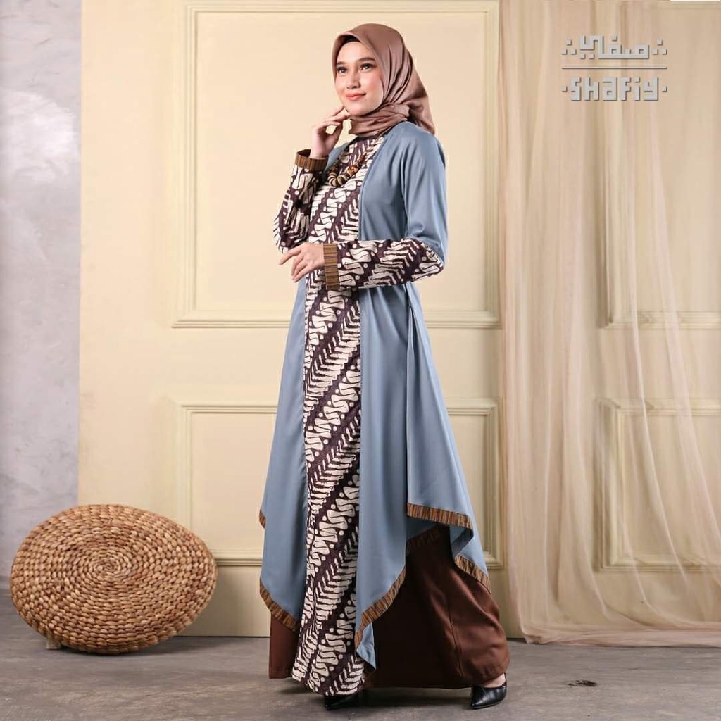 Moza Gamis Batik Shafiy Original Modern Etnik Jumbo Kombinasi Polos Tenun Katun Cap Terbaru Baju Dress Wanita Muslimah Big Size Dewasa Kekinian Cantik Kondangan Muslim XL