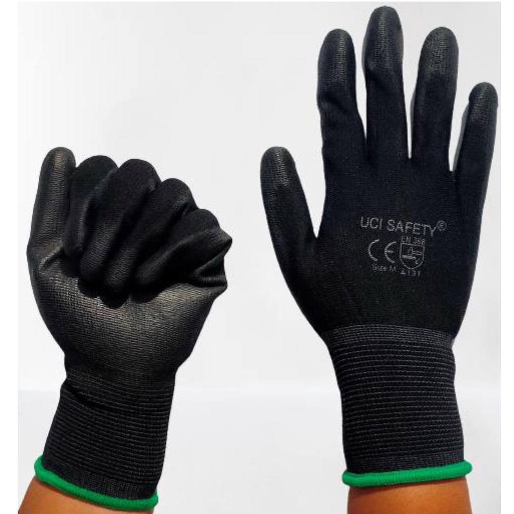 Sarung Tangan Karet Palm Fit Glove UCI Safety PU Mekanik Industri Hitam Nylon Polyurethane