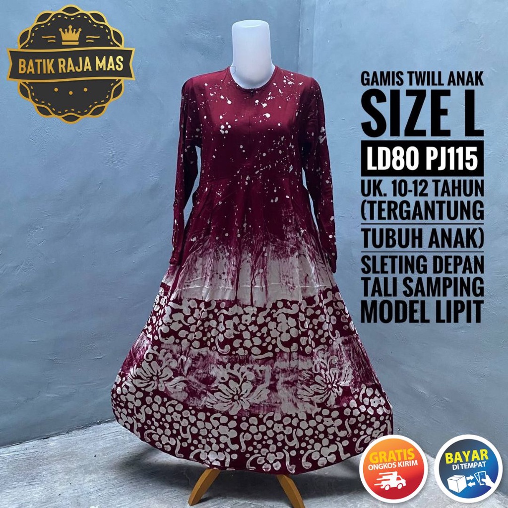Gamis Anak Perempuan Umur 11 12 Tahun Motif Batik Abstrak Sleting Depan Lengan Panjang Tali Samping 