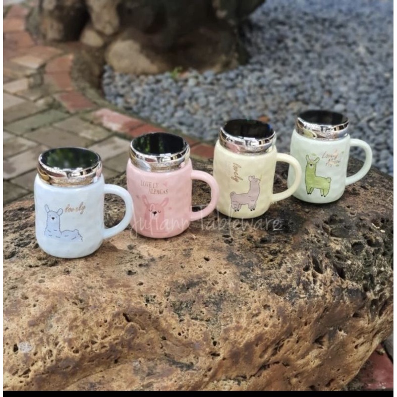 Gelas Cangkir Mug Keramik Marble Motif Cute Alpaca