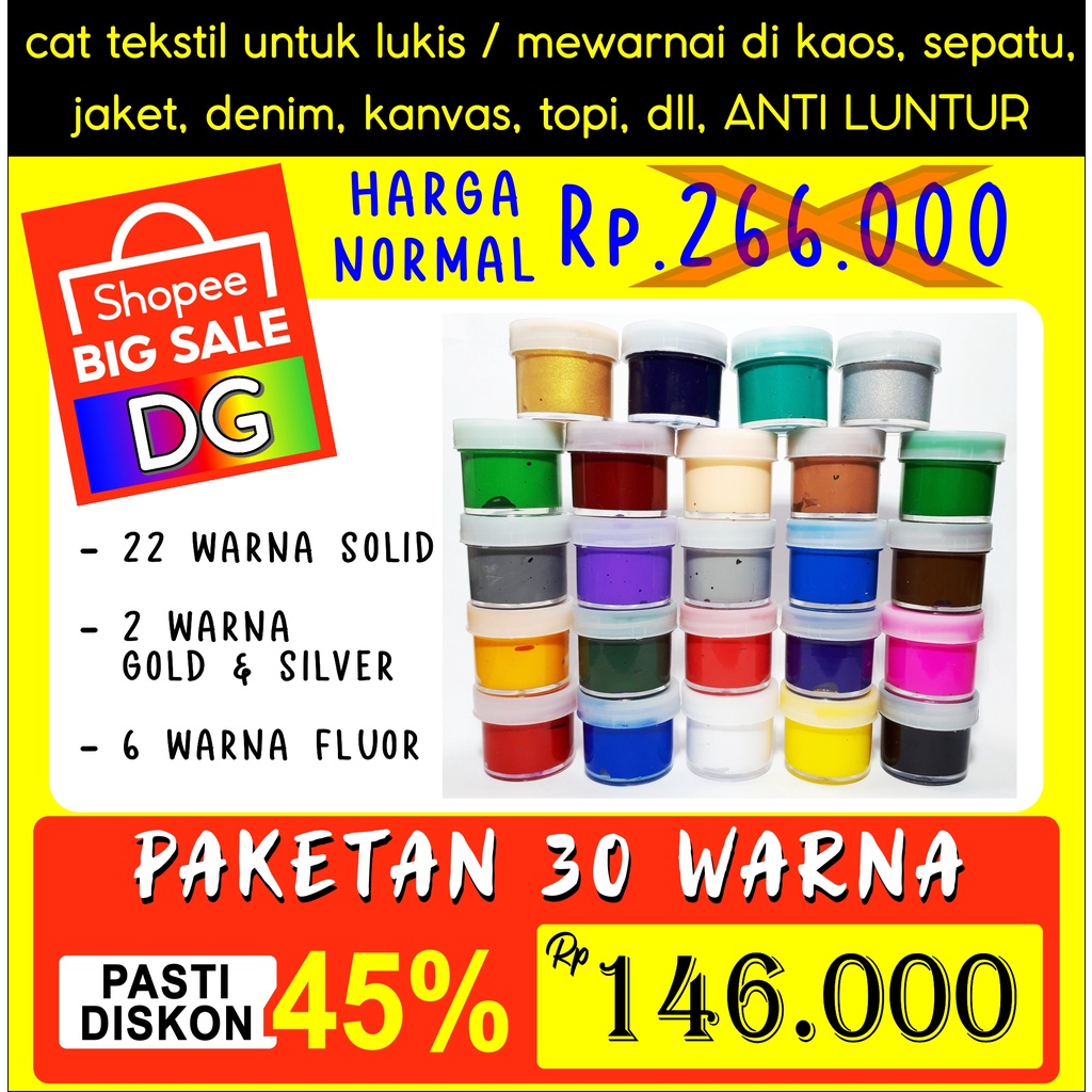 

PAKET 30 WARNA LENGKAP - Cat Tekstil utk lukis mewarnai di kaos / tas / sepatu / jeans / jaket / topi / kanvas - langsung pakai ANTI LUNTUR