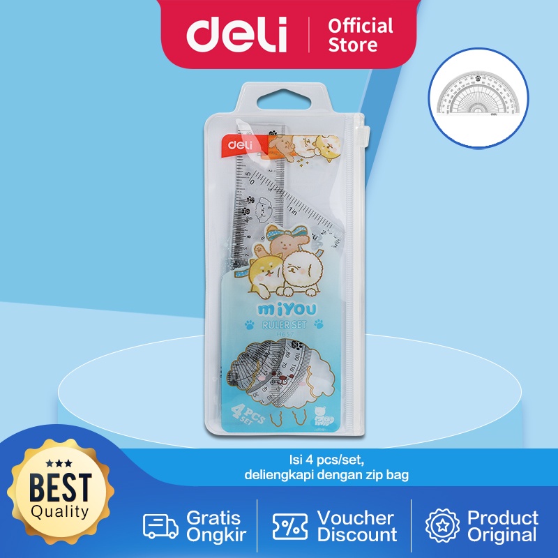 Deli Ruler Set / Set Penggaris Isi 4pcs Packaging Zip Bag Desain Miyou EH657