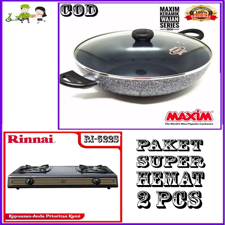 MAXIM CERAMIC WOK 30 CM TUTUP KACA ORI + KOMPOR RI 522S BERGARANSI RESMI